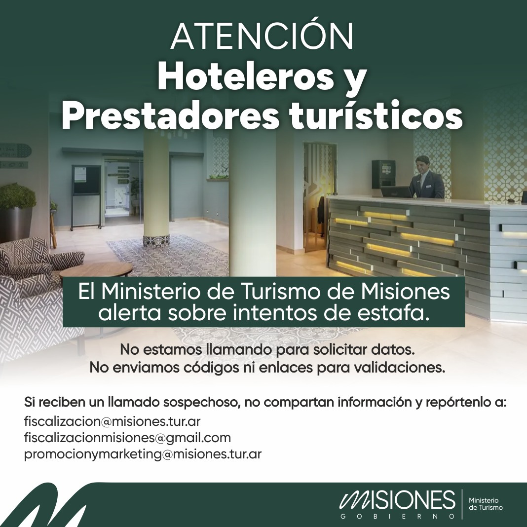 Alertan por intentos de estafa a establecimientos turísticos en nombre del Ministerio de Turismo de Misiones