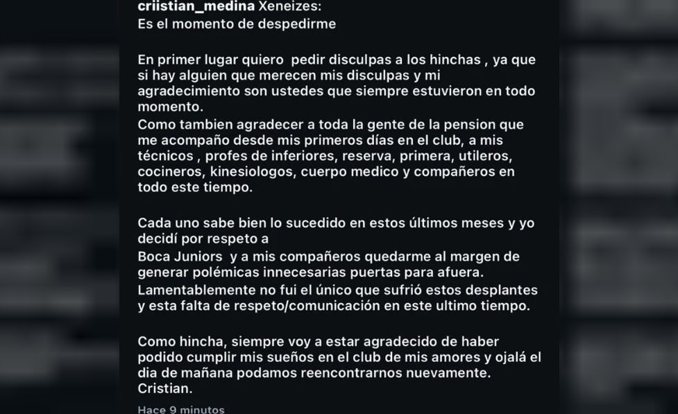 Medina se despidió de Boca y dejó un contundente mensaje contra la dirigencia