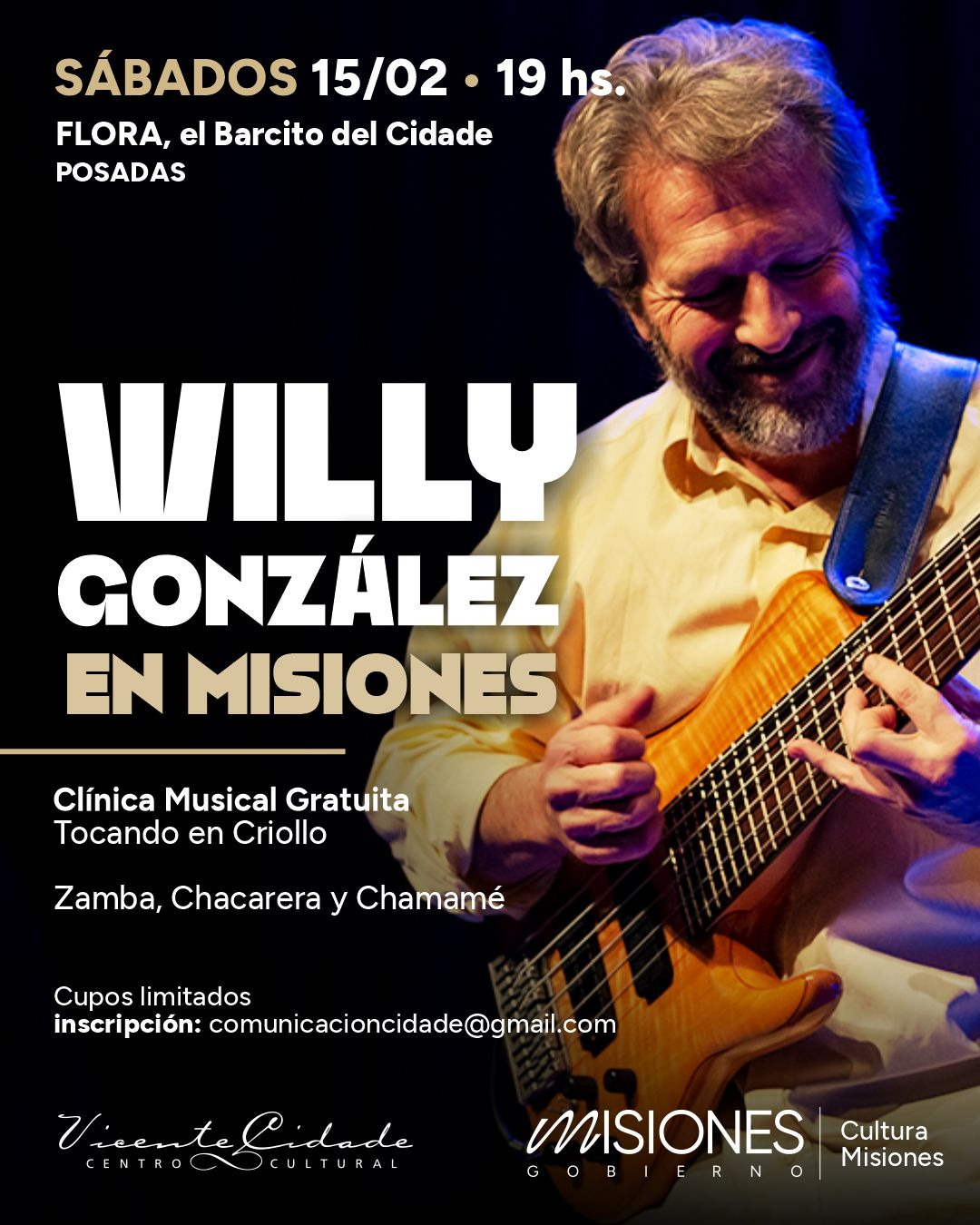 Willy González llega a Posadas para brindar una clínica musical