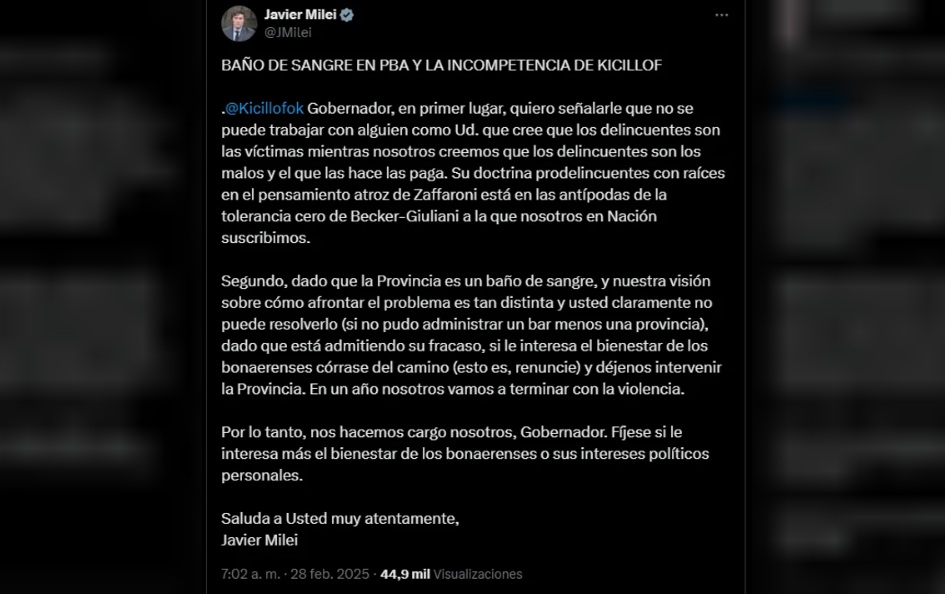 Milei le pidió a Kicillof que renuncie para que Nación intervenga la provincia de Buenos Aires