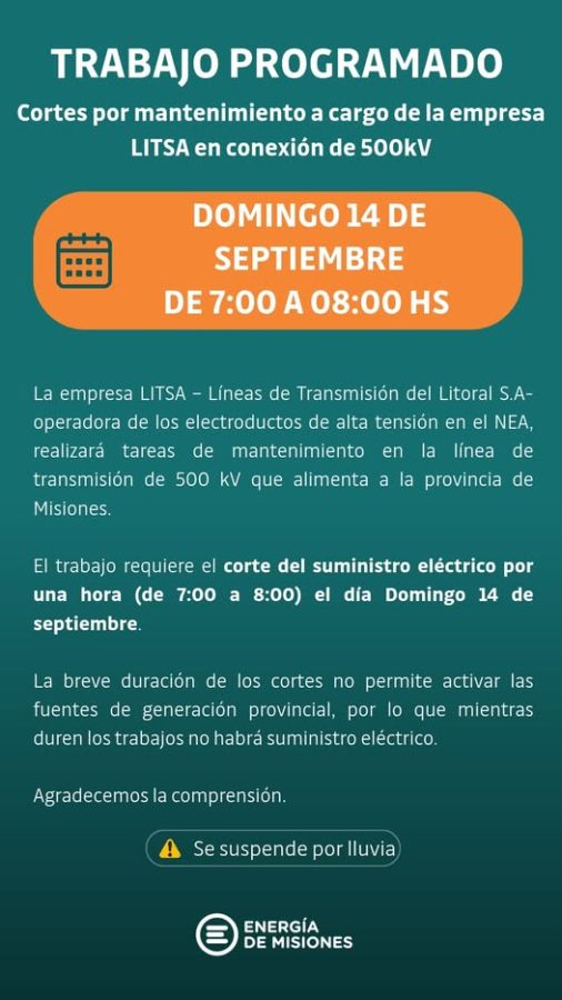 Corte programado: todo Misiones quedará sin luz este domingo por una hora 1 2 - 546561497 1241039218059234 1817643333361258367 n - 1