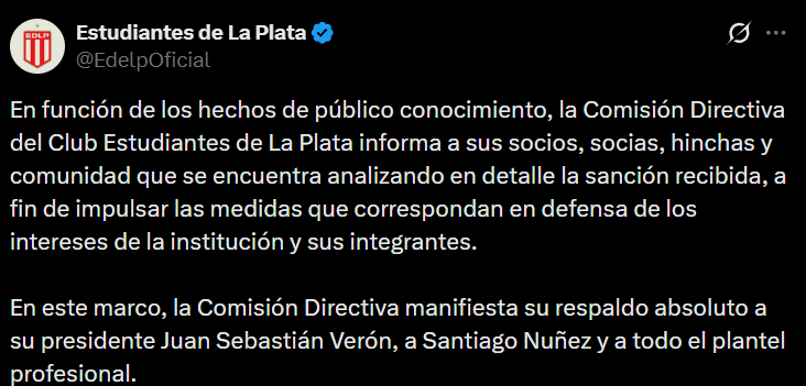 Estudiantes publicó un comunicado en apoyo a Verón y apelarían contra el fallo de la AFA 1 2 - Estudiantes publico un comunicado en apoyo a Veron y apelarian contra el fallo de la AFA 2 - 1