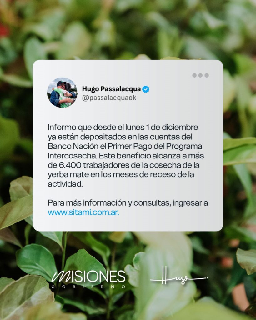 Passalacqua anuncio el pago del Programa Intercosecha para yerbateros - 1