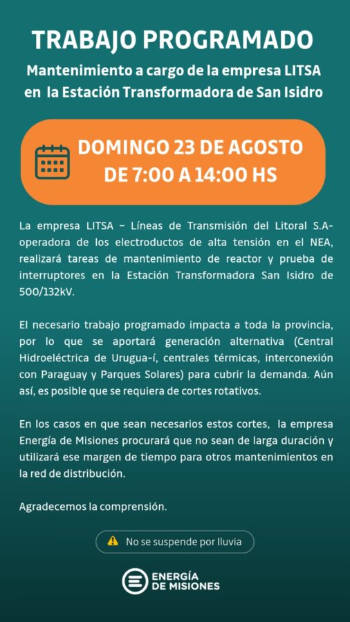 Energía de Misiones advirtió por cortes de luz programados para este domingo en Posadas 1 2 - Energia de Misiones advirtio por posibles cortes de luz este domingo en Posadas 2 - 1