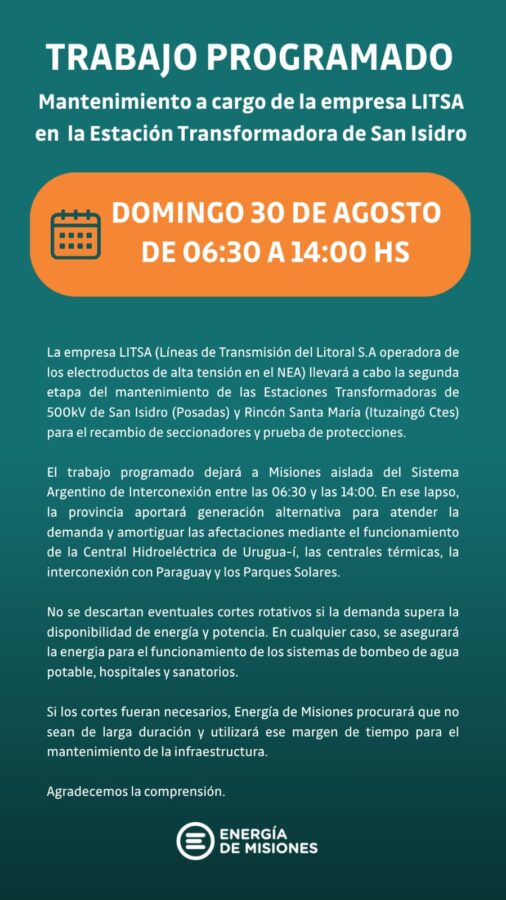 Posibles cortes de luz este domingo en Misiones por nuevas tareas de mantenimiento en San Isidro 1 2 - WhatsApp Image 2026 08 26 at 18.37.20 1 - 1