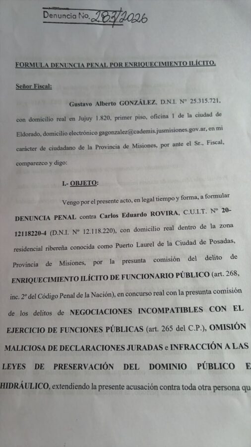 Denunciaron penalmente a Carlos Rovira por presunto enriquecimiento ilícito en la función pública 1 2 - denuncia - 1