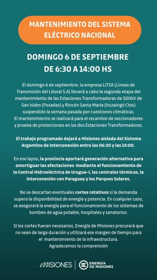 Advierten eventuales cortes de energia en Misiones por tareas de mantenimiento el domingo - 1