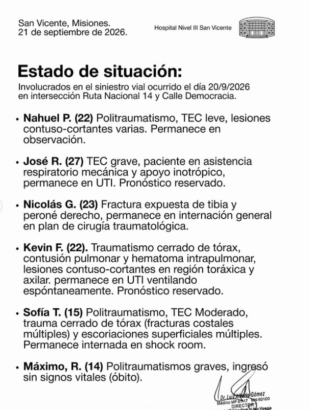 Dieron a conocer el parte médico de los involucrados en el trágico choque que dejó dos muertos en San Vicente 1 2 - Dieron a conocer el parte medico de los involucrados en el tragico choque que dejo dos muertos en San Vicente - 1