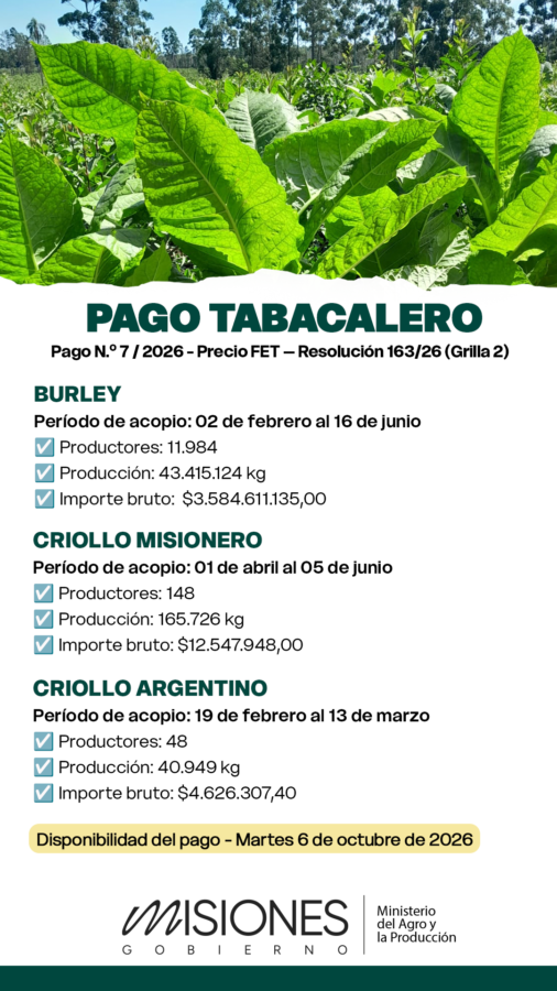 Tabacaleros misioneros recibirán un nuevo pago del FET por más de $3.600 millones 1 2 - Pago tabacalero 6 de octubre - 1