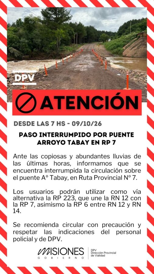 El arroyo Tabay creció por las lluvias y obligó a cerrar el paso sobre la ruta provincial 7 1 2 - CORTE TABAY RP 7 1026 II - 1