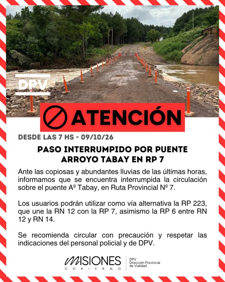 El arroyo Tabay creció por las lluvias y obligó a cerrar el paso sobre la ruta provincial 7 2 4 - CORTE TABAY RP 7 1026 - 3