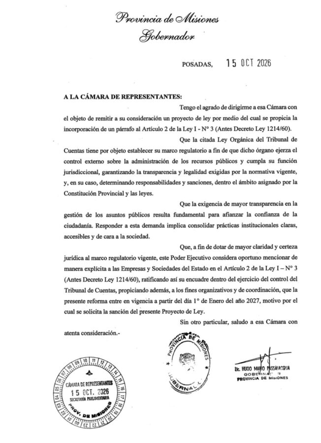 Passalacqua giró a la Legislatura un proyecto para fortalecer el control sobre las empresas del Estado 1 2 - proyecto 1 - 1