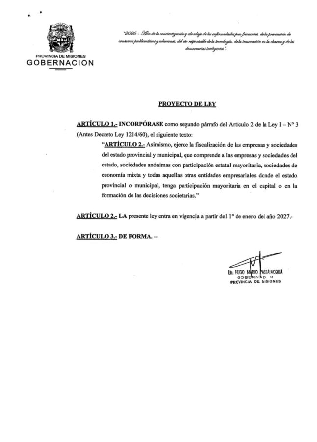 Passalacqua giró a la Legislatura un proyecto para fortalecer el control sobre las empresas del Estado 2 4 - proyecto 2 - 3